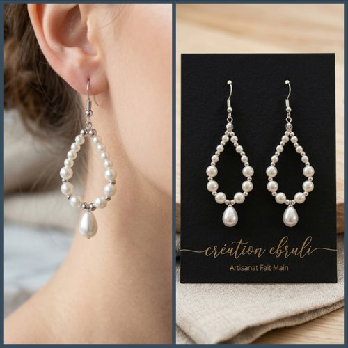 Boucles d’oreilles goutte en perles blanches, création artisanale élégante, bijou fait main mariage, cérémonie et cadeau femme