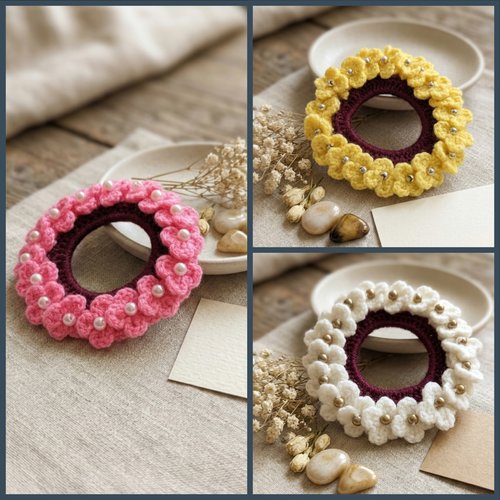 Chouchou élastique au crochet avec fleurs et perles, fait main, couleur au choix, accessoire cheveux femme
