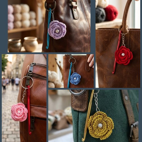 Porte-clés fleur au crochet avec perle et mini crochet décoratif, fait main, couleur au choix, cadeau artisanal