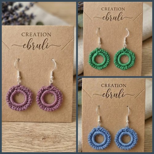 Boucles d'oreilles créoles au crochet en coton, bijoux faits main, couleur au choix, légères et artisanales, vendues par paire