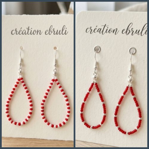 Boucles d'oreilles goutte en perles rouges et blanches, création artisanale faite main, couleur personnalisable, vendues par paire