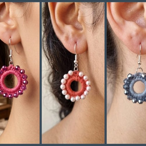 Boucles d'oreilles créoles au crochet en coton et perles, fait main, couleur au choix, bijoux bohème artisanaux, vendues par paire