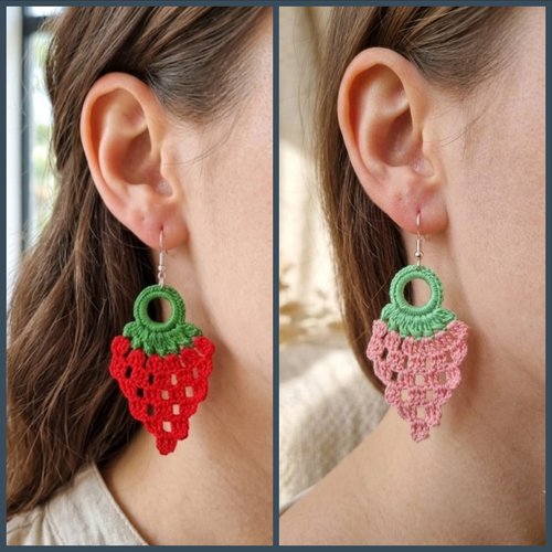 Boucles d'oreilles fraise au crochet en coton – fait main, couleur au choix, bijou fantaisie original, vendues par paire