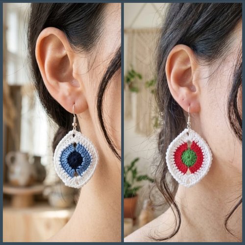 Boucles d'oreilles crochet "œil porte-bonheur" en coton, fait main, couleur au choix – vendues par paire, bijoux artisanaux bohèmes