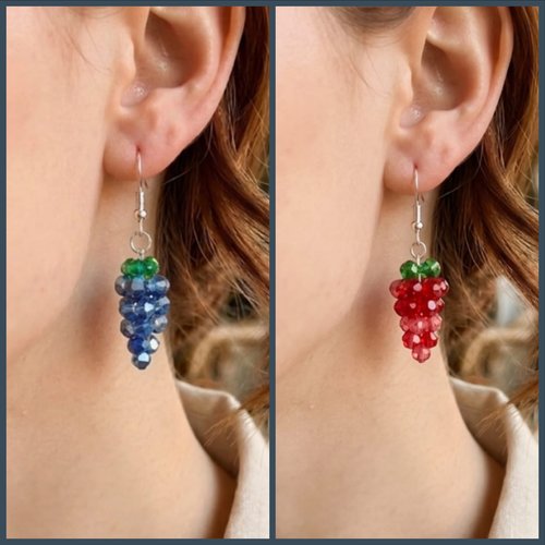 Boucles d'oreilles grappes forme raisin rouge ou bleu, bijou fantaisie fait main, vendues par paire