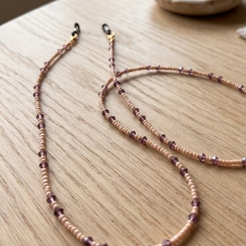 Chaîne de lunettes en perles fait main 75-80 cm, beige et violet, cordon pour lunettes élégant, cadeau femme