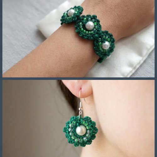 Parure de bijoux au crochet vert émeraude avec perles nacrées, bracelet et boucles d'oreilles assortis, bijoux faits main