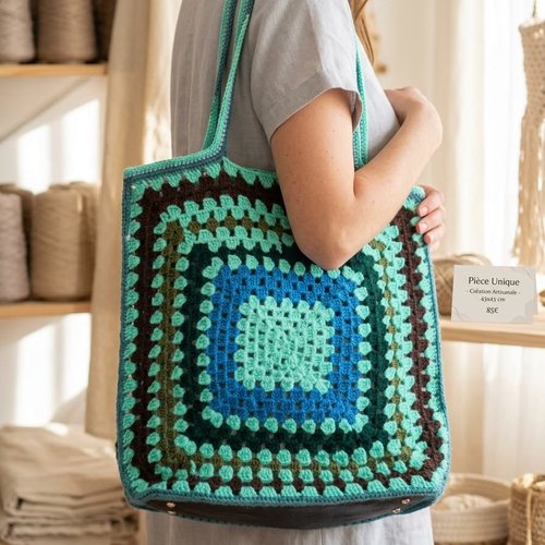 Sac cabas granny square crochet fait main 43x43 cm, double face colorée, doublure cousue main, fond renforcé