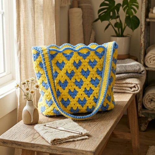 Sac cabas au crochet fait main bleu et jaune, motif cœur, sac épaule artisanal