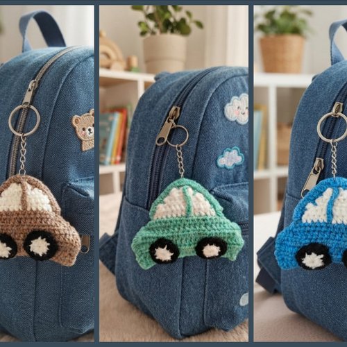 Porte-clés voiture au crochet double face, fait main, couleur au choix