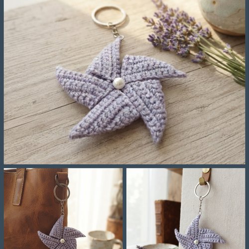 Porte-clés étoile en crochet lilas avec perle, fait main, création artisanale