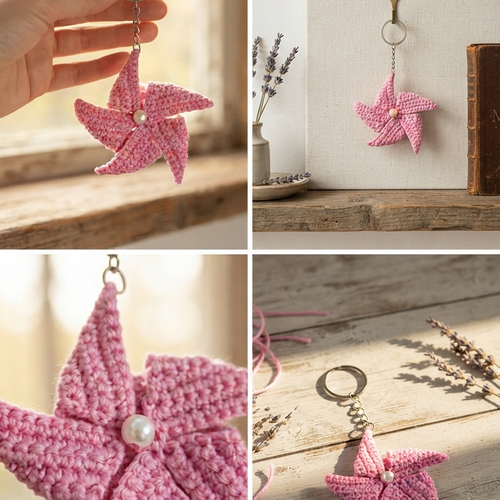 Porte-clés fleur rose au crochet avec perle, fait main, création artisanale