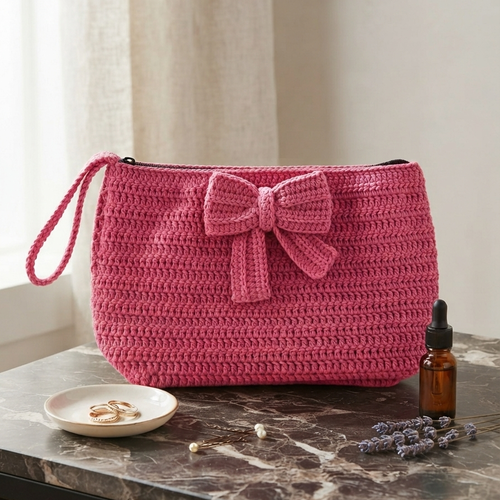 Trousse de maquillage au crochet rose avec nœud, trousse de toilette zippée en coton, fait main