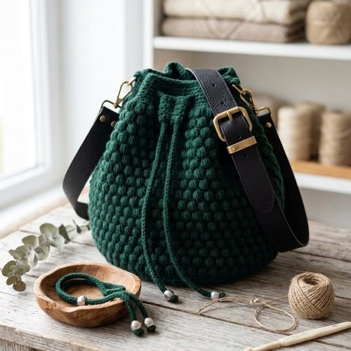 Sac à main seau au crochet vert sapin avec bandoulière noire, fait main neuf