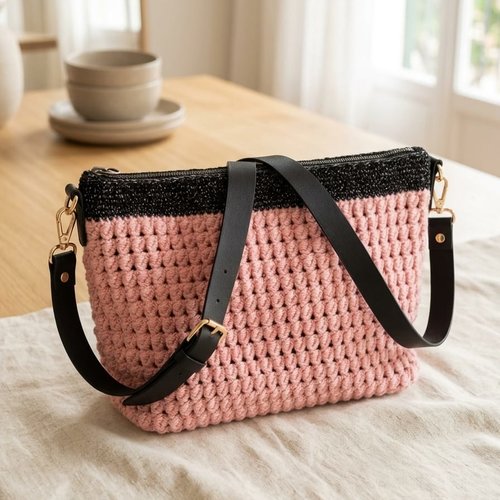 Sac à main au crochet rose poudré et noir, bandoulière noire, fermeture éclair, fait main neuf