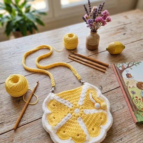 Sac bandoulière enfant au crochet jaune et blanc, fleur fait main neuf
