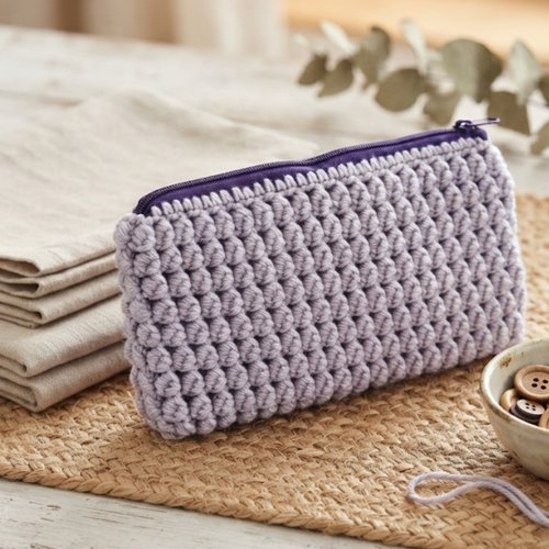 Pochette au crochet lilas avec fermeture éclair assortie, fait main neuf