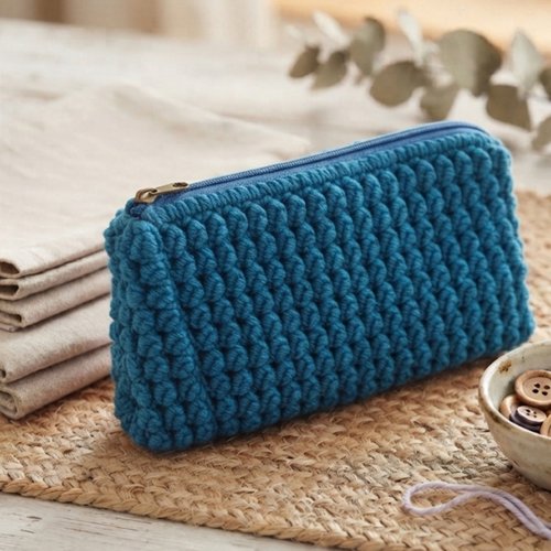 Pochette au crochet bleu turquoise avec fermeture éclair assortie, fait main neuf