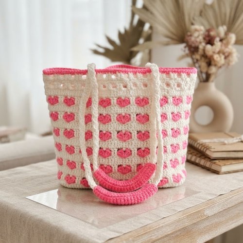 Sac à main au crochet blanc et rose à petits cœurs, fond de sac noir, fait main