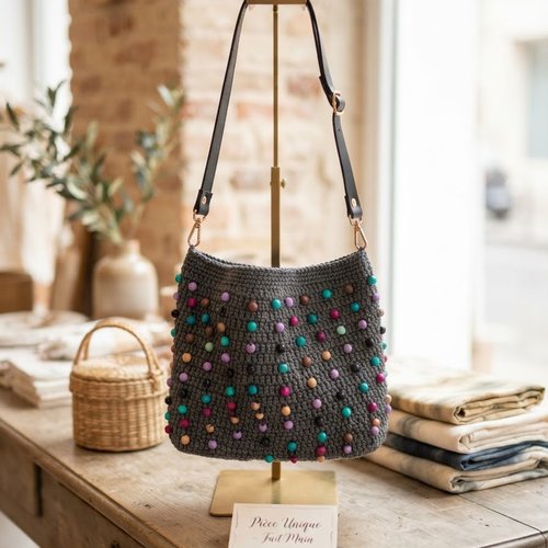 Sac à main au crochet gris anthracite avec perles multicolores, bandoulière noire, sac bohème fait main