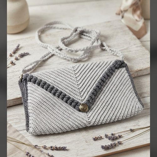 Sac à main crochet modèle enveloppe gris clair et gris foncé, bandoulière, fait main neuf