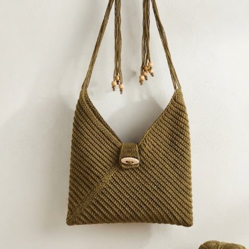 Sac à main au crochet kaki double laine avec perles en bois et bandoulière, fait main neuf