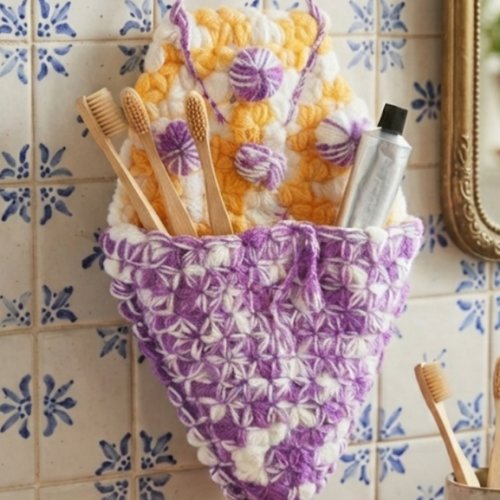Rangement mural au crochet pour brosses à dents et dentifrice, fait main neuf violet jaune et blanc