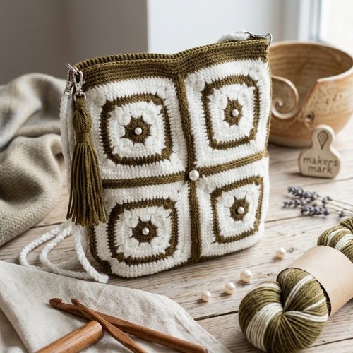 Sac à main au crochet motif granny écru et kaki avec perles nacrées, pompon et bouton magnétique