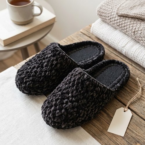 Pantoufles au crochet fait main en fil doux noir avec semelles perforées, chaussons confortables