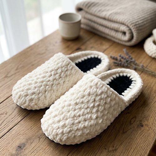 Pantoufles blanches au crochet fait main en laine chenille douce, semelles noires, pointure 39/40