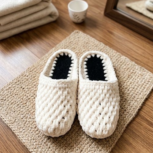 Pantoufles blanches au crochet fait main en laine chenille douce, semelles noires, pointure 38/39
