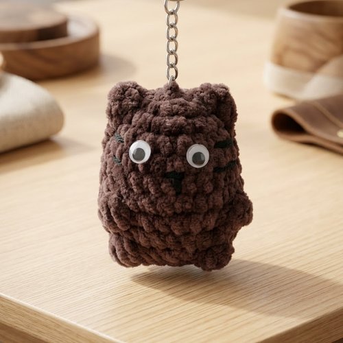 Porte-clés chat amigurumi au crochet marron en fil chenille doux, fait main neuf