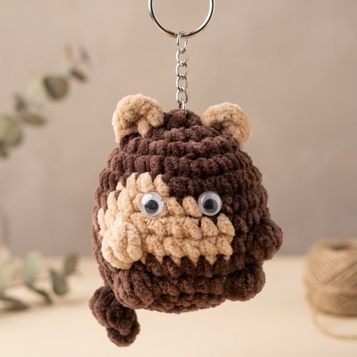 Porte-clés amigurumi au crochet petit singe marron en fil chenille doux, fait main neuf