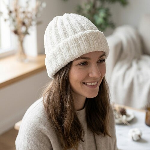 Bonnet femme blanc au crochet fait main en fil doux velours polyester, bonnet d’hiver chaud et élégant