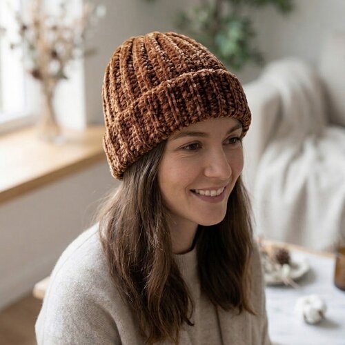 Bonnet femme au crochet fait main en fil doux velours polyester marron, bonnet chaud d’hiver