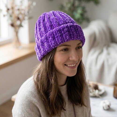 Bonnet femme au crochet violet en fil doux velours polyester fait main, bonnet d’hiver chaud et moelleux