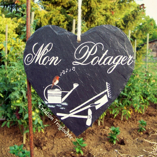 Cœur en ardoise"mon potager"-ardoise décorative-décoration de jardin-pancarte de jardin-tuile peinte-création troglodyte