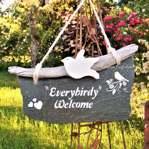 Ardoise décorative, peinture sur ardoise "everybirdy welcome",décoration de jardin ou de terrasse