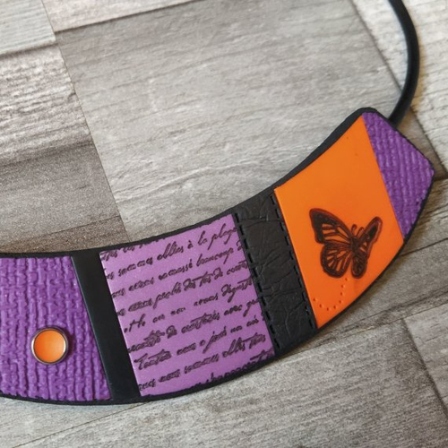 Collier en polymère, noir violet parme orange à motifs