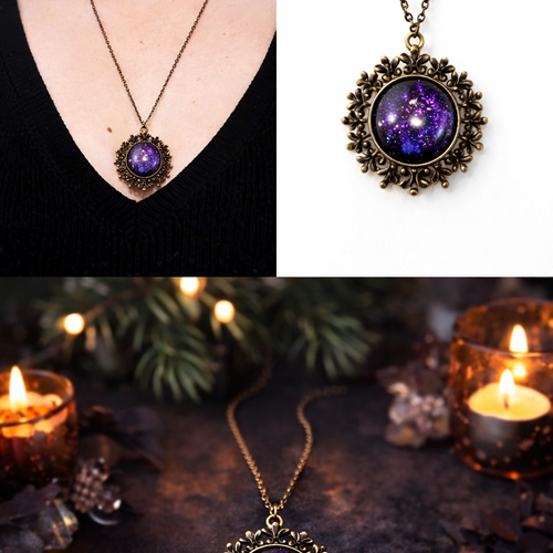 Collier cabochon violet pailleté