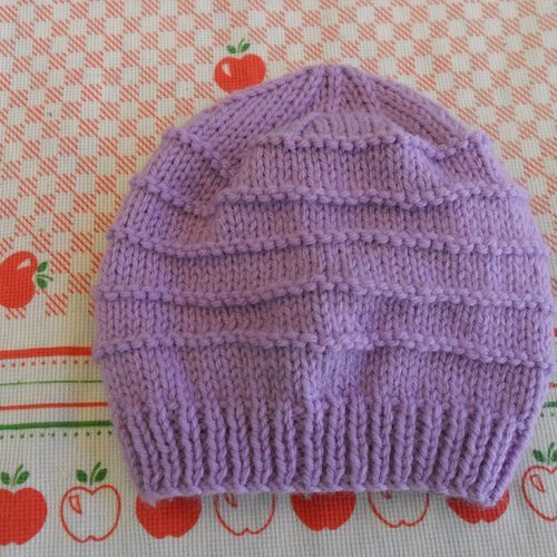 Bonnet bébé tricoter main o/3 mois couleur parme