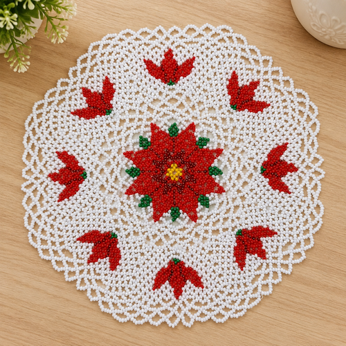 Napperon fleuri en perles – rouge et blanc