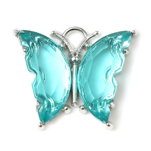 Pendentif papillon en cristal bleu turquoise sur plaqué argent