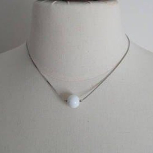 Collier perle gemme naturelle sur chaine maille serpent en argent 925 améthyste ou agate blanche