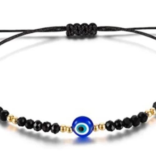 Bracelet réglable avec petites perles noires sur cordon en coton très fin