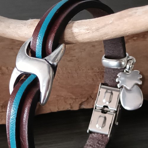 Bracelet cuir marron turquoise modèle mixte ananas artisanat
