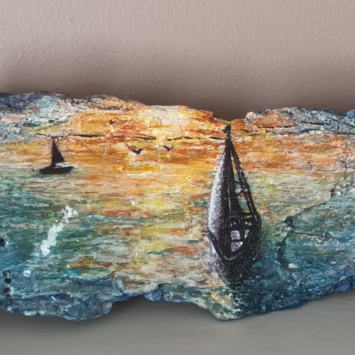Peinture sur bois flotté "un soir sur l'atlantique"