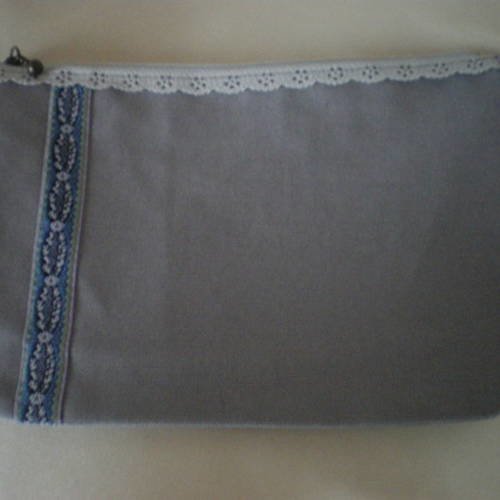 Pochette zippee en coton - "gris a ruban"