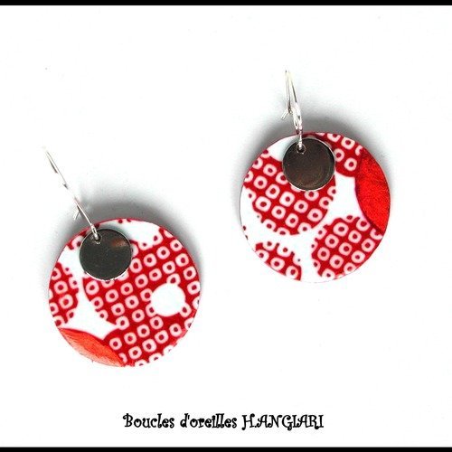 Boucles d'oreilles motif  japonais~ blanc et cuivre ~ dormeuse argentée