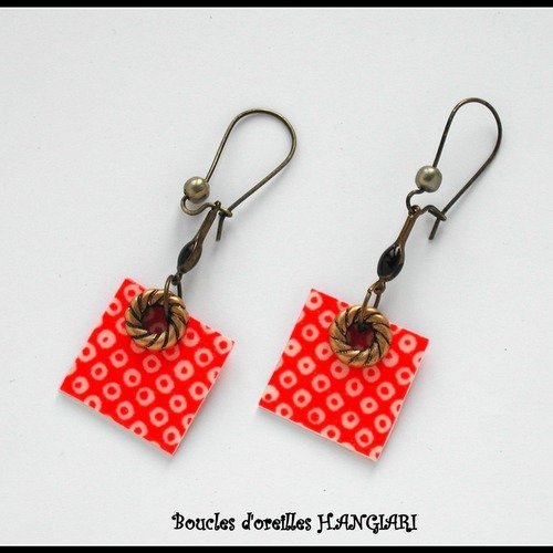 Japonaises-boucles d'oreilles carré orange à pois papier japonais, sequin noir, longues dormeuses bronze